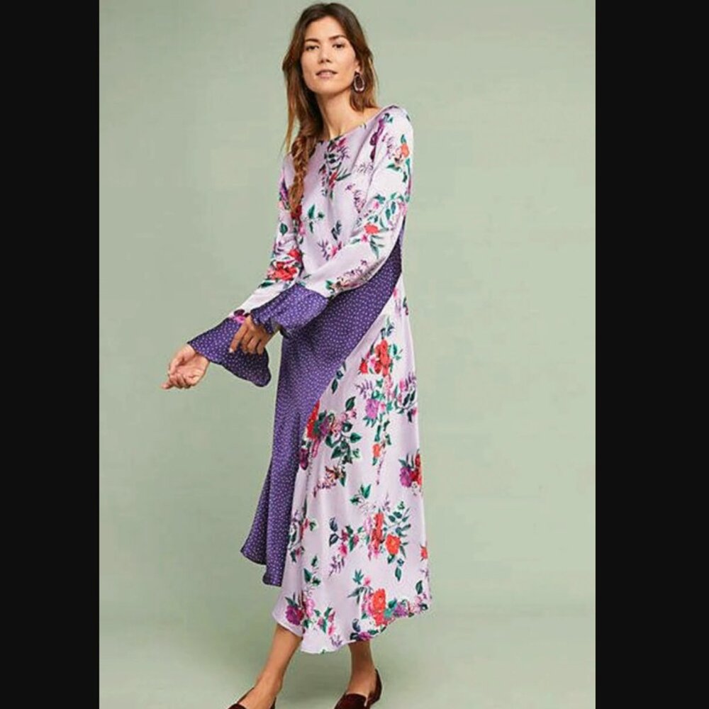 NWT Anthropologie - Ghost London Tasmin Floral Satin Patchwork Dress